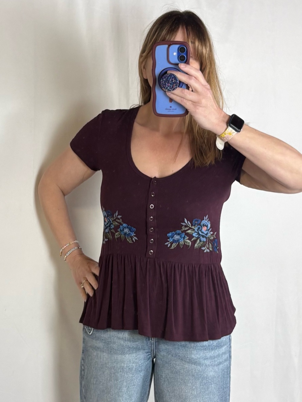 Women's Short Sleeve Scoop Neck Peplum Top with Floral Embroidery - Plum